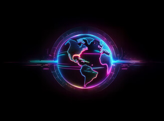 A vibrant, neon-lit globe encircled by a glowing ring, set against a dark background.  The image evokes feelings of technology and global connection.