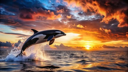 Fototapeta premium Vintage Black and White Orca Leaping from Ocean at Sunset, Creating a Splash with Vibrant Orange and Pink Sky in Background - Stunning Nature Moment Captured