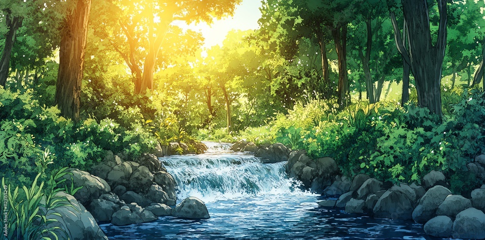 Poster a serene forest scene with a gentle stream and sunlight filtering through the trees.