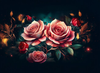 Dark romantic roses bloom in a mystical, glowing night garden.  Golden leaves and enchanting lights surround the flowers, creating a magical atmosphere.