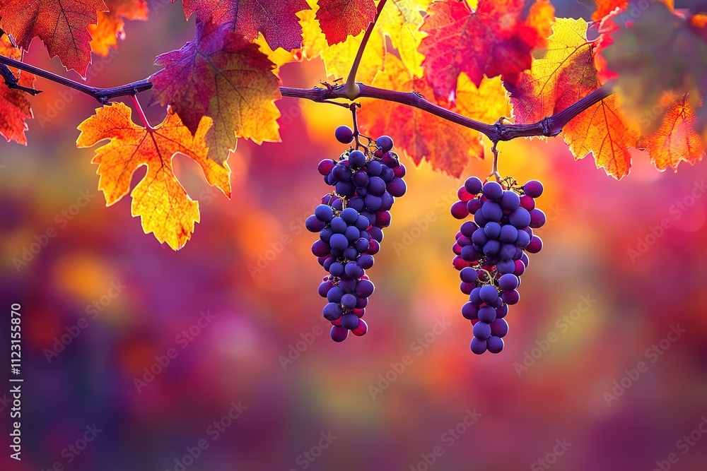 Poster a close up of two clusters of grapes hanging from a tree branch