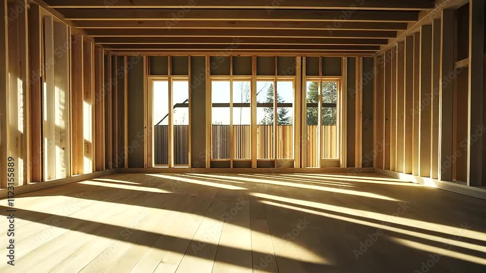 Poster golden sunlight streaming through open spaces in the framing of a house under construction, casting 
