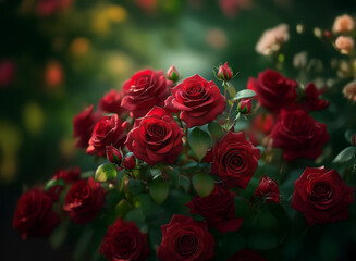 Obraz premium Lush cluster of dark red roses, glistening with dew, nestled amongst vibrant green foliage. Soft, diffused light enhances their velvety petals and unopened buds.