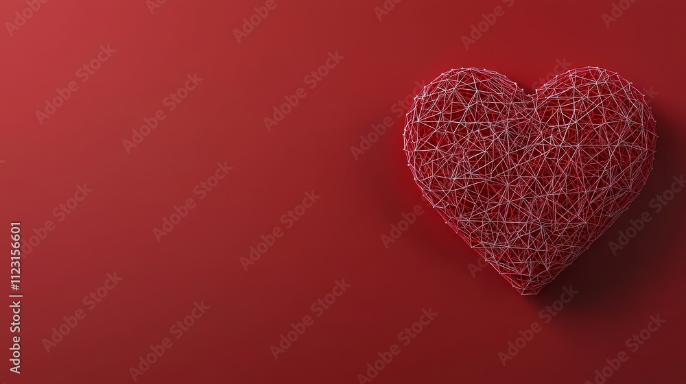 Poster Intricate Red Heart Made of Twisted Strings Against a Smooth Red Background for Romantic Themes and Concepts