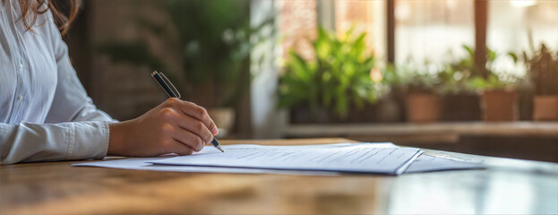 Fototapeta premium Professional Businessman Signing Important Document at Desk in Natural Office Setting