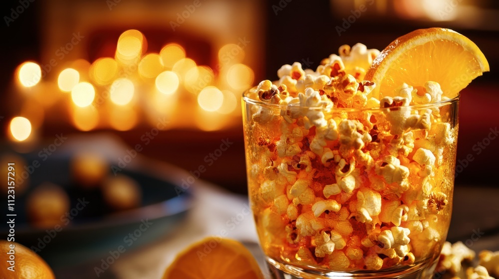Poster refreshing drink with popcorn and slice of orange in cozy setting