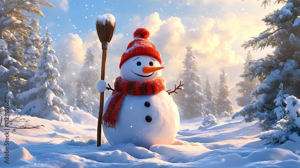 Poster a cheerful snowman stands in a snowy landscape, surrounded by trees and gentle snowfall.