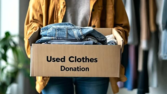 A close-up of a cardboard box labeled Used Clothes Donation held by a volunteer, with neatly folded jeans, shirts, and a jacket visible inside.
