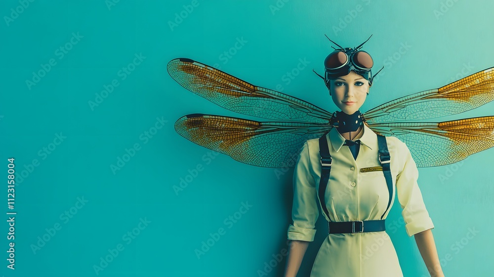 Poster a dragonfly in a flight attendant uniform, with wings outstretched, set against a teal-colored backg