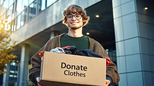 A volunteer standing outside a community center, holding a box labeled Donate Clothes filled with well-loved sweaters and shirts.