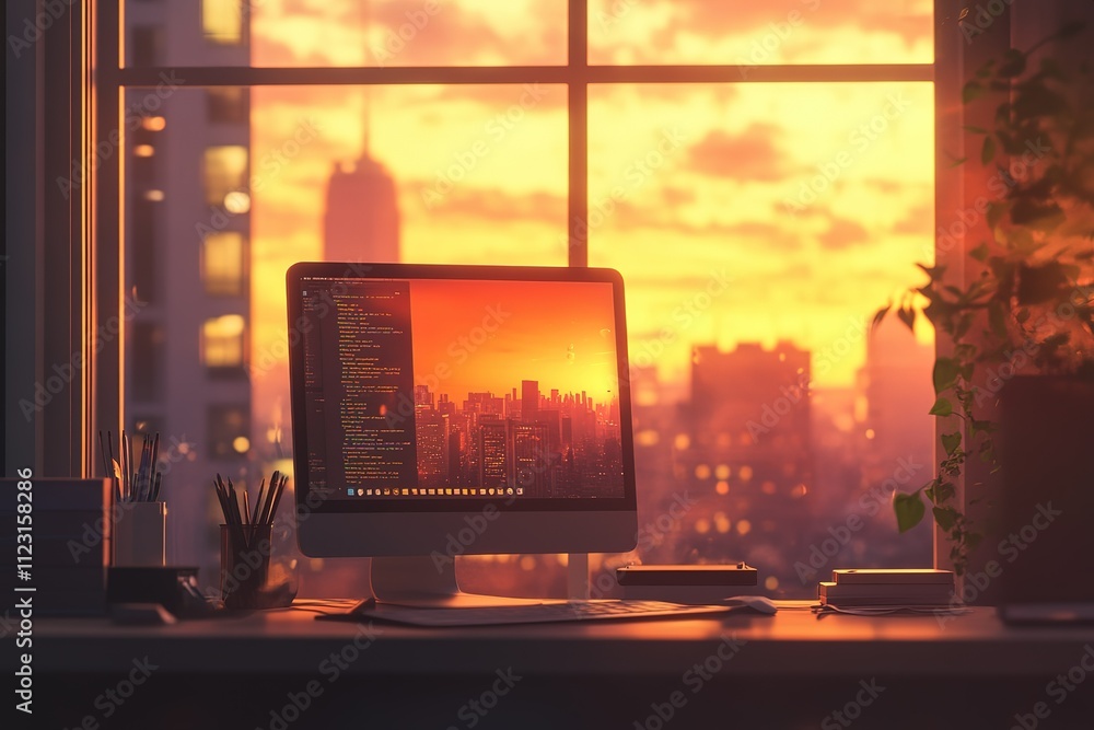 Poster a computer monitor is on a desk with a view of a city skyline