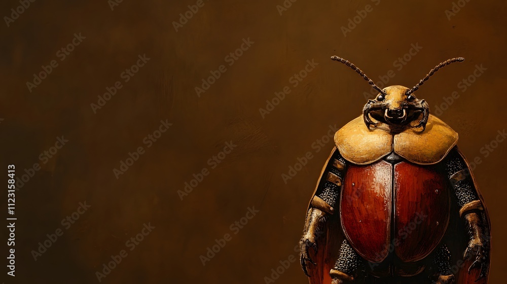 Poster a beetle dressed as a medieval squire, standing against a deep brown background with large empty spa