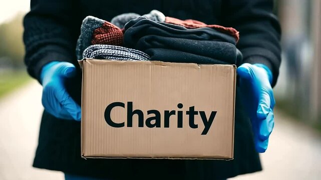 A close-up of a volunteer's gloved hands holding a donation box filled with gently worn clothes, the word Charity written on a sign nearby.