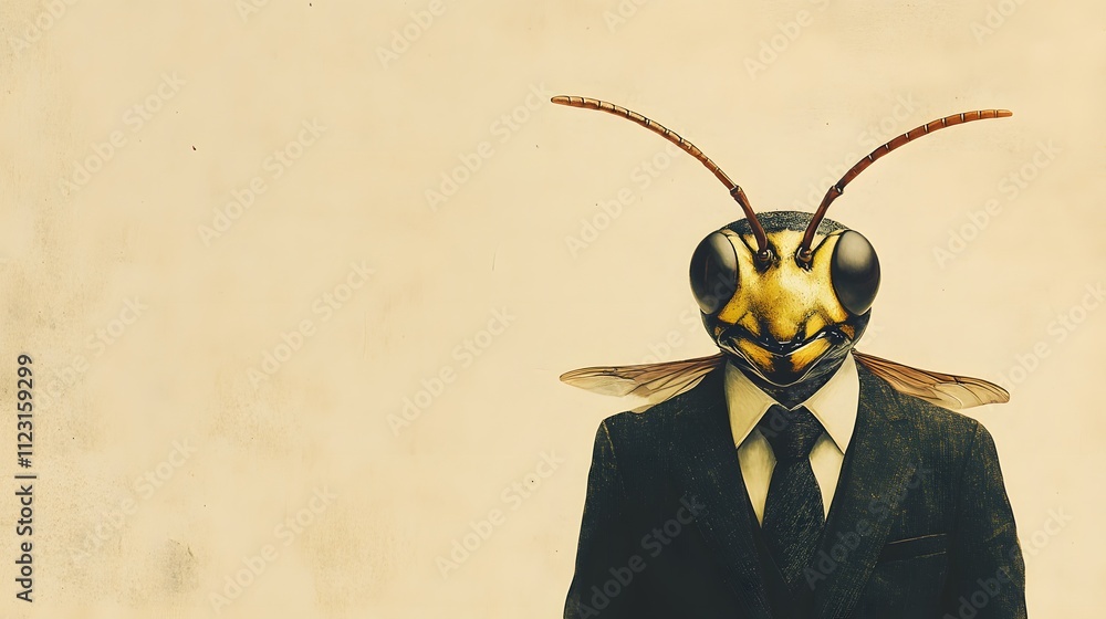 Poster a wasp in a business suit, standing tall on a soft beige background with lots of open space around i