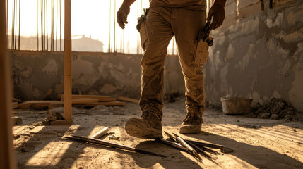 Fototapeta premium Worker stepping over sharp tools in poorly lit construction site, showcasing safety hazards
