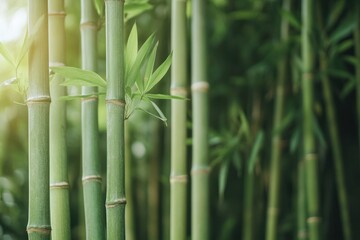Obraz premium Lush bamboo forest showcasing vibrant green stalks and delicate leaves in natural sunlight