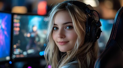 a girl gamer with a headset in front of a monitor