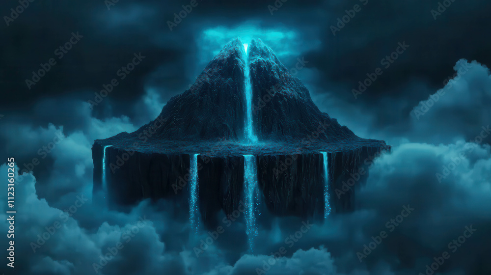 Poster floating island in the shape of an inverted pyramid surrounded by dark clouds