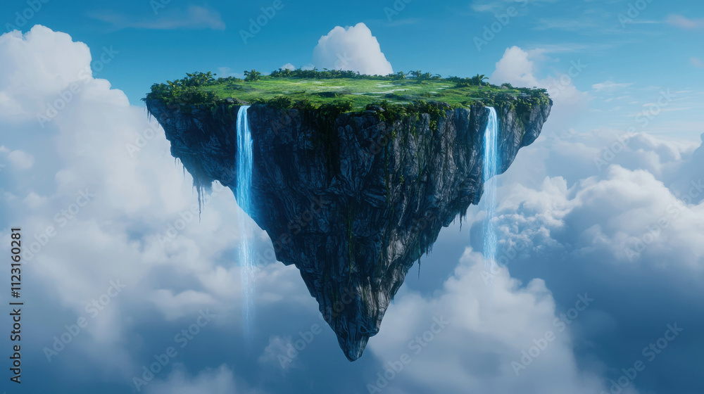 Poster floating island in the shape of an inverted pyramid surrounded by clouds