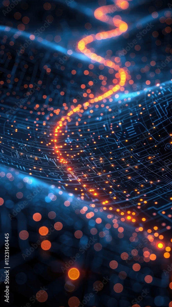 Aufkleber abstract digital data flow visualization with glowing orange path on dark blue background.
