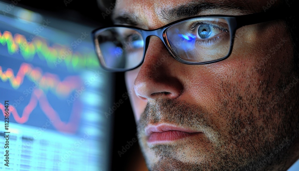 Poster intense focus of a financial analyst analyzing complex data on computer screen with colorful graphs 