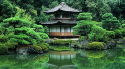 Tranquil Japanese Garden with Pavilion Surrounded by Lush Greenery