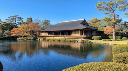 Obraz premium Tranquil Japanese Garden with Traditional House and Reflective Pond