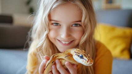 Fototapeta premium Caucasian girl playing with snake pet in living room house