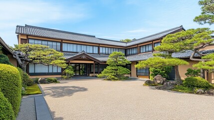 Obraz premium Serene Traditional Japanese House Surrounded by Lush Greenery