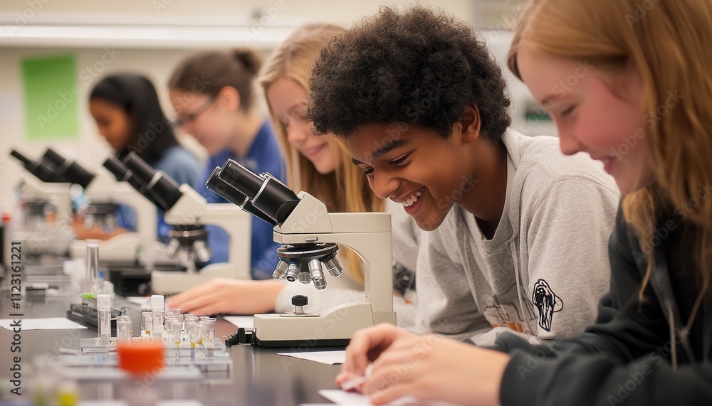 Poster group of students engaged in hands-on science experimentation in a classroom laboratory setting