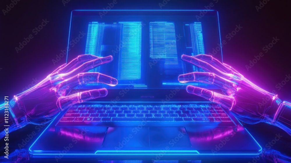 Poster 3d render virtual hands in front of laptop blue neon light glow display electronic device isolate3d 