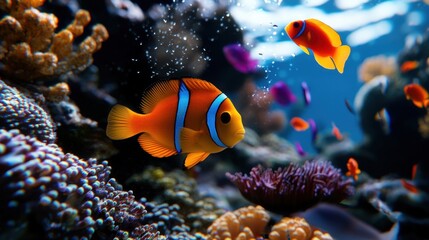 Obraz premium A colorful fish is swimming in a coral reef