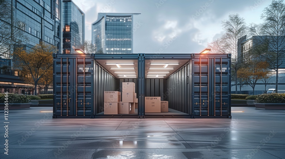 Fototapete two open shipping container functioning as a self-storage unit, placed on a modern urban plaza with 