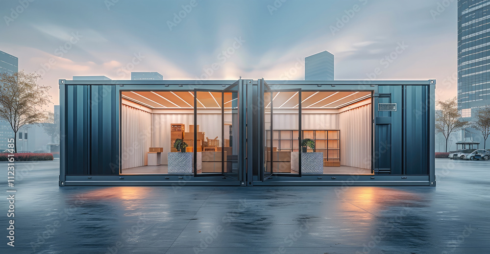Poster Two open shipping container functioning as a self-storage unit, placed on a modern urban plaza with contemporary architecture in the background, minimalistic interior with several stacked boxes.