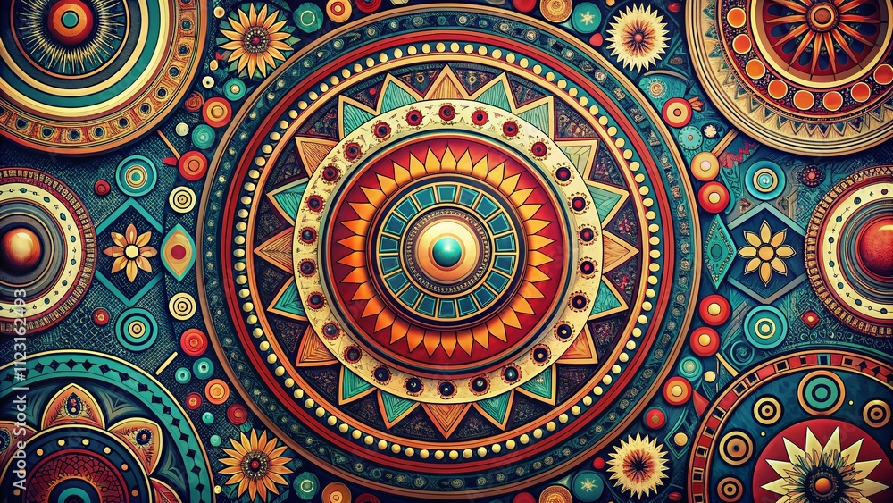 Poster vintage style ethnic and tribal space user interface elements with circle geometry in a retro aesthe