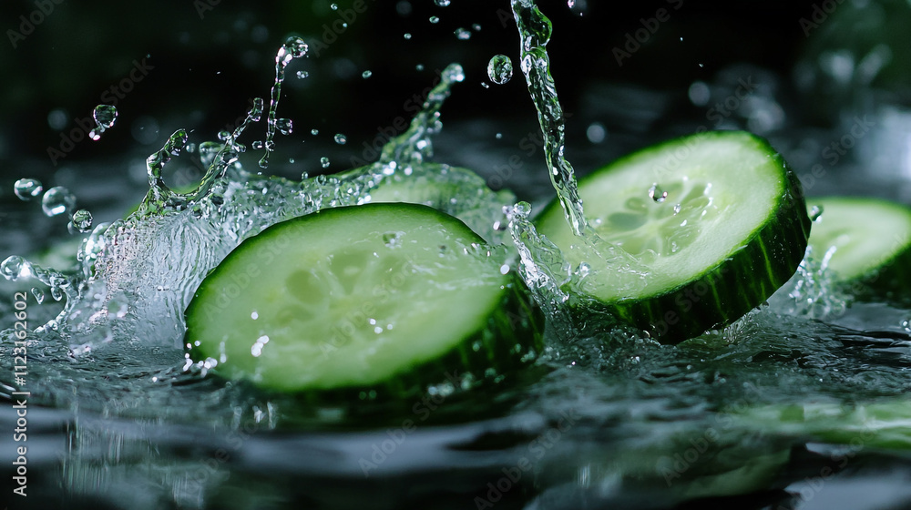 Poster fresh cucumber slices splashing in clear water create refreshing visual delight