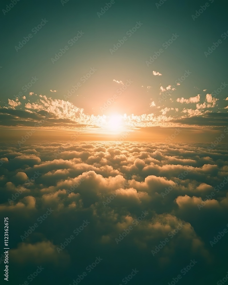 Aufkleber a serene view of the sun setting above a blanket of clouds, creating a tranquil atmosphere.