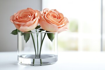 Fototapeta premium A vase with two pink roses in it