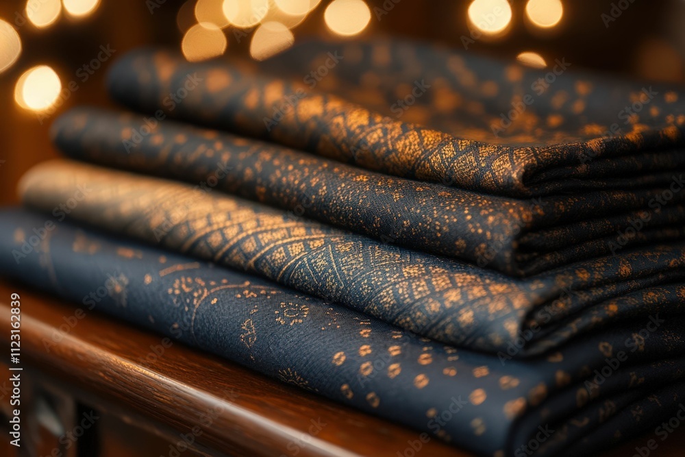 Poster a stack of elegantly patterned fabric in deep blue, adorned with golden designs, set against a softl