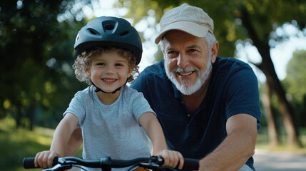 Naklejka premium A joyful grandfather and his young grandson ride bicycles along a tree-lined path in a green park, sharing smiles and laughter on a bright, sunny day