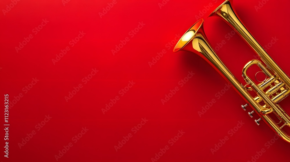 Aufkleber a close-up of a shiny golden trumpet on a vibrant red background with ample empty space around it fo