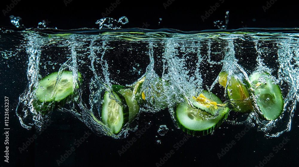 Poster cucumber slices creating splashes in water during a dynamic underwater moment