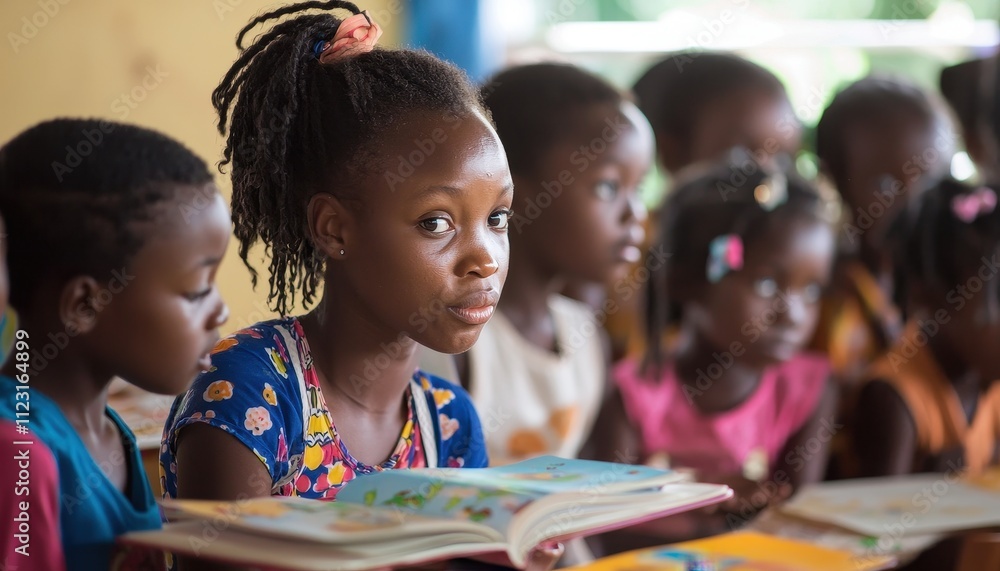 Poster children engaged in reading at tiny tables in a classroom setting