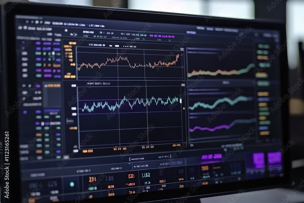 Poster a computer monitor displays a graph of stock prices