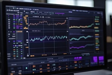 A computer monitor displays a graph of stock prices