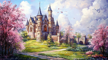 Beautiful landscape in a painted style with a castle.