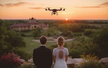 A drone captures their love story against a breathtaking sunset, a stunning backdrop for their special day.  Pure romance!