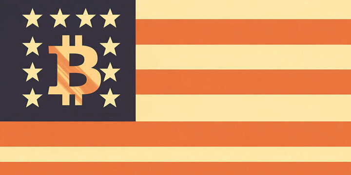 Moneda de Bitcoin sobre bandera de Estados Unidos