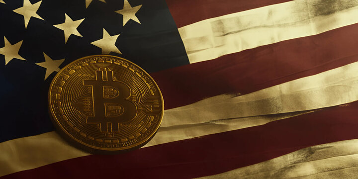 Moneda de Bitcoin sobre bandera de Estados Unidos