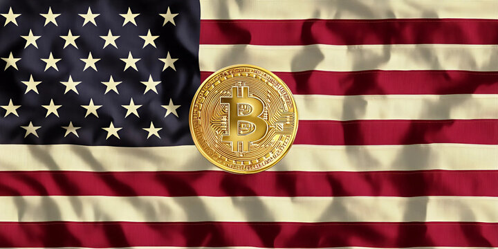 Moneda de Bitcoin sobre bandera de Estados Unidos